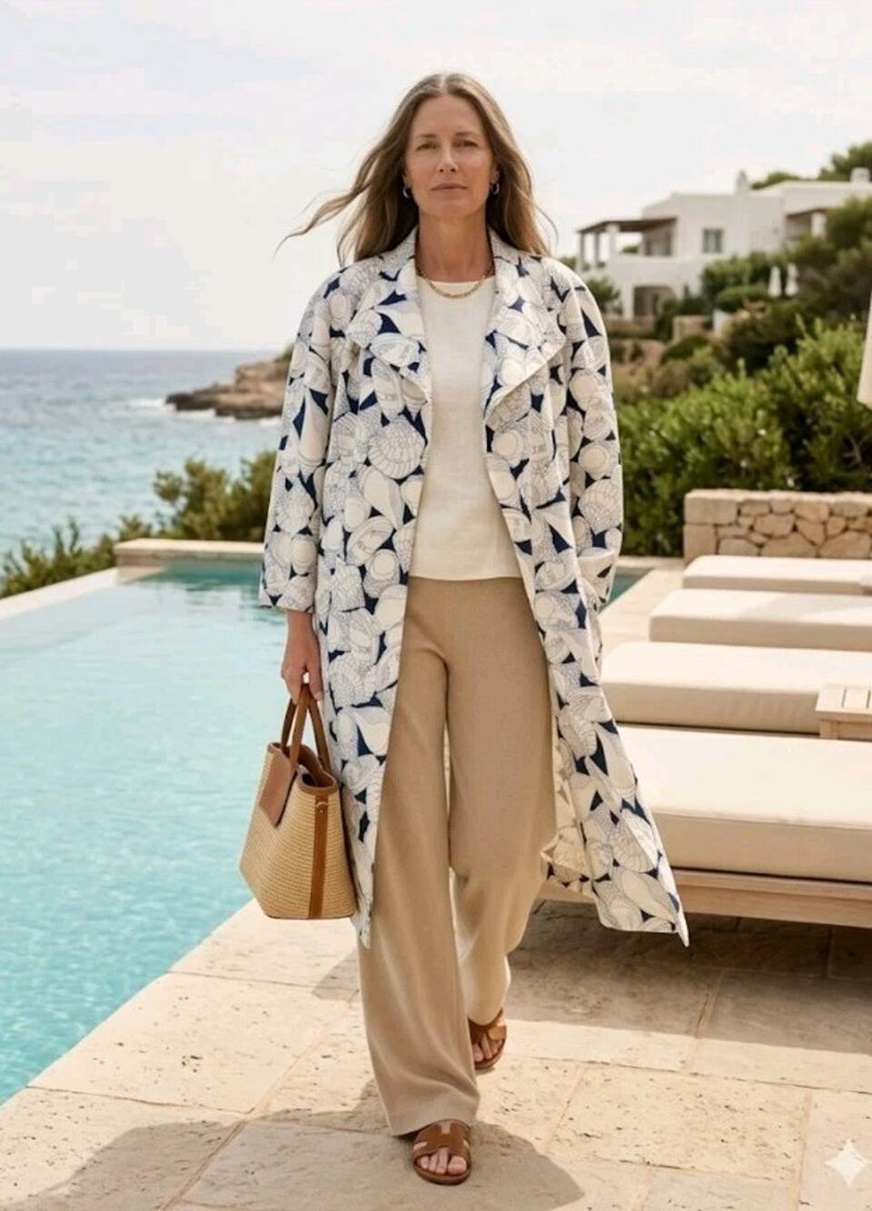 VTG Gucci 100% Silk Jacket Seashell Blue White Resort Sz 40 Open Size Flowy